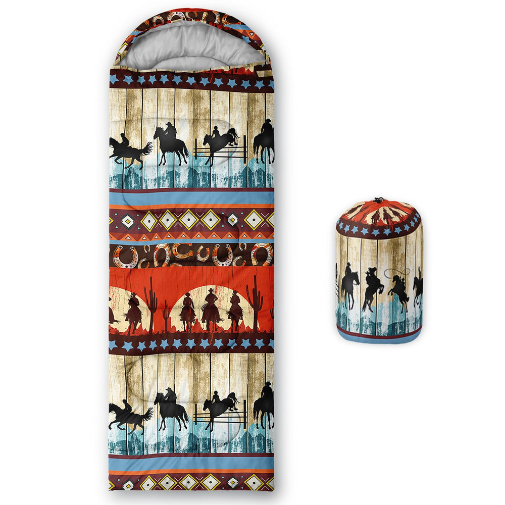 qoomo riding cowboy sleeping bag front view shows waterproof shell for outdoor warmth