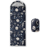 QOOMO Rocket Planet sleeping bag front view with space-themed print for outdoor warmth