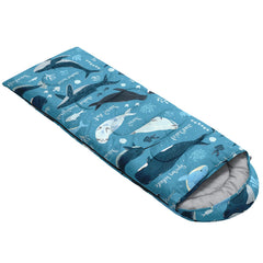 QOOMO Seal Printed Camping Sleeping Bag drawstring hood demonstrates warm, secure fit.