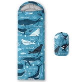 QOOMO Seal Printed Camping Sleeping Bag front view showing roomy 31x90 inch design for family camping.