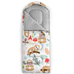 QOOMO sloth-printed sleeping bag with drawstring hood for snug outdoor nights.