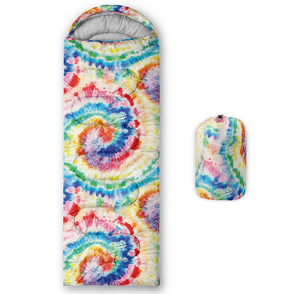 QOOMO tie dye rainbow sleeping bag front view showing roomy three-season design