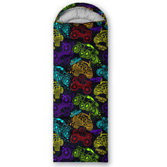 QOOMO truck-printed camping sleeping bag front view shows waterproof shell for outdoor warmth.