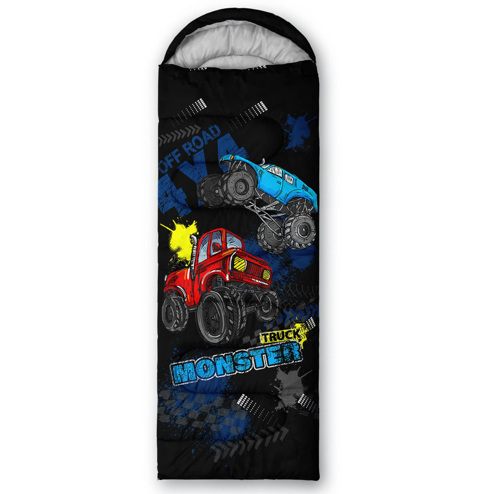 QOOMO truck-printed sleeping bag hood-drawstring keeps you warm on cool nights.