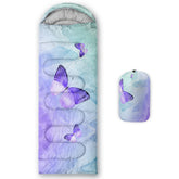 QOOMO sleeping bag front view with watercolor butterfly print for outdoor comfort