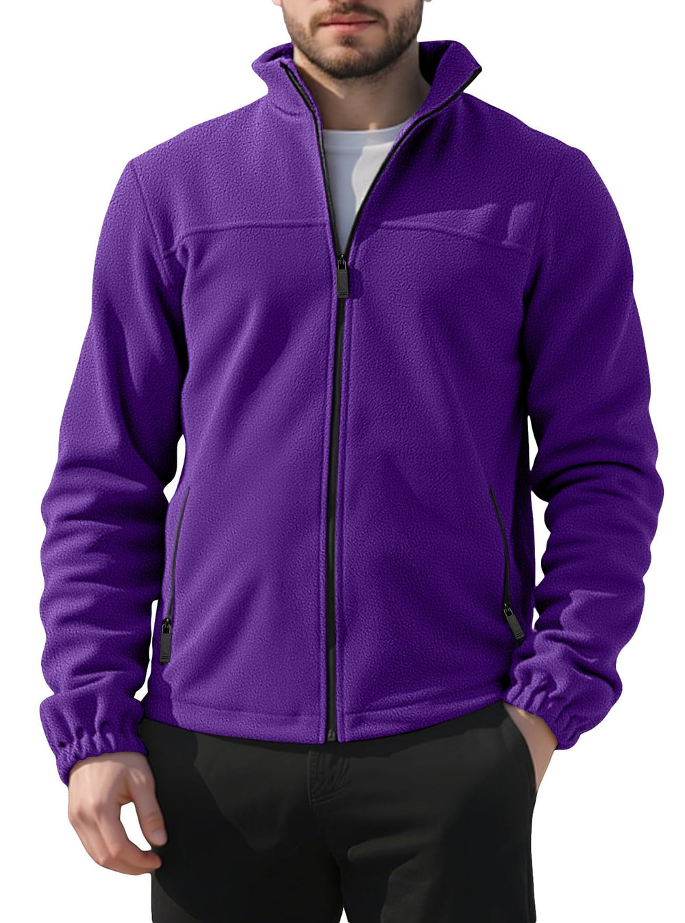 QOSOQ men's polar fleece jacket stand collar close-up for cozy warmth on cool days.