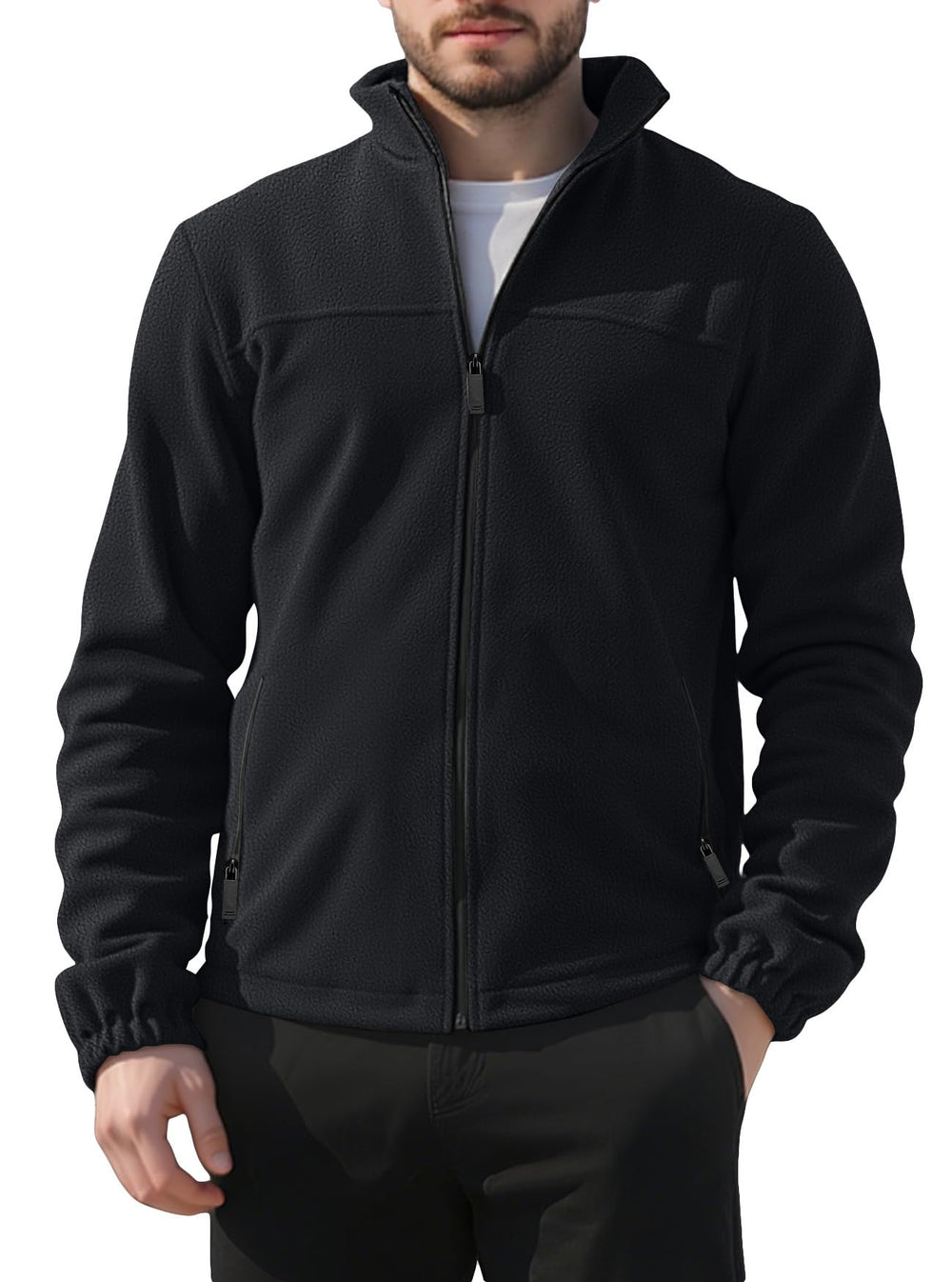 QOSOQ men's polar fleece jacket stand collar and full zip for versatile layering.