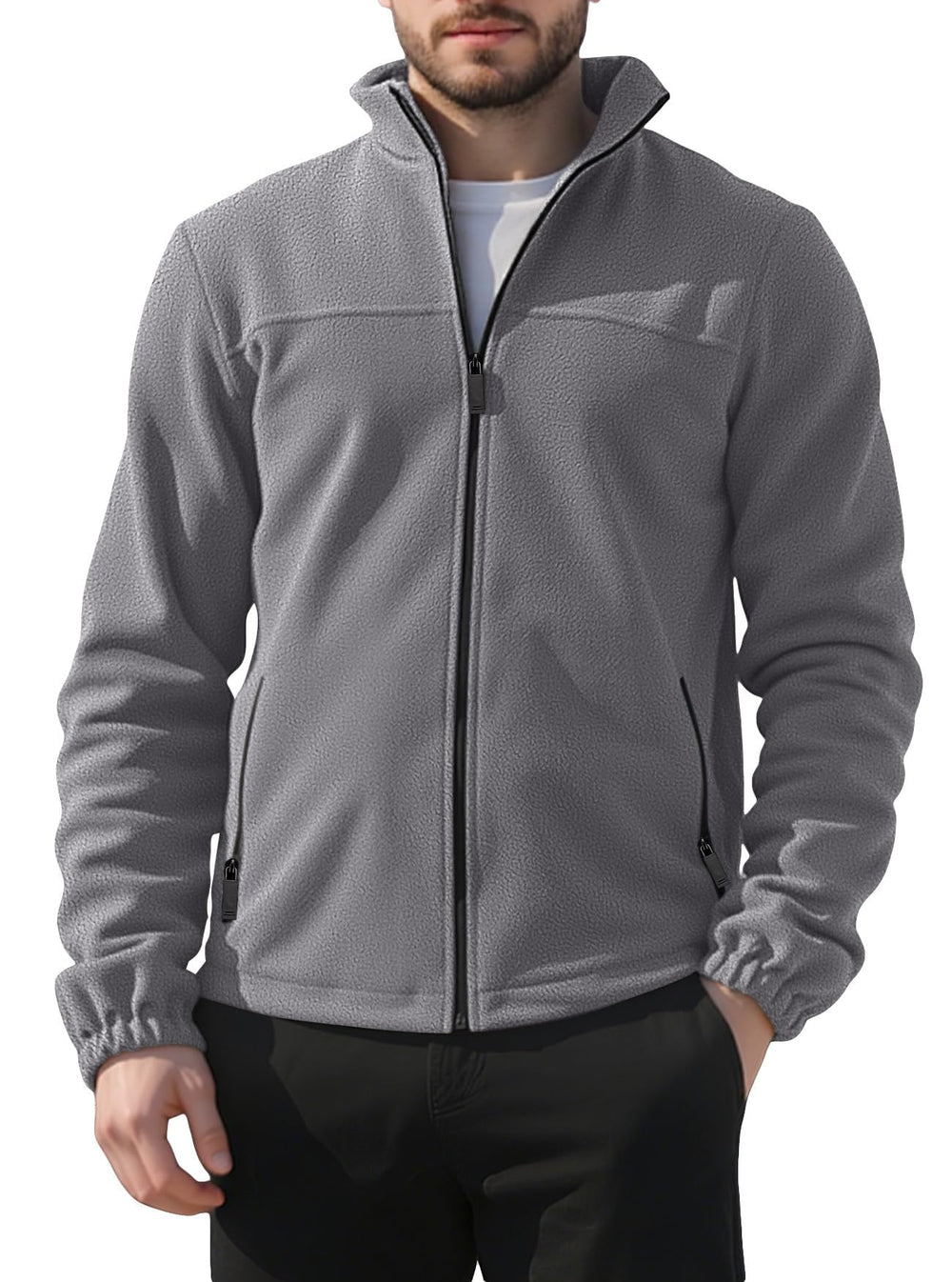 QOSOQ men's polar fleece jacket with stand collar for warm layering in cold weather.