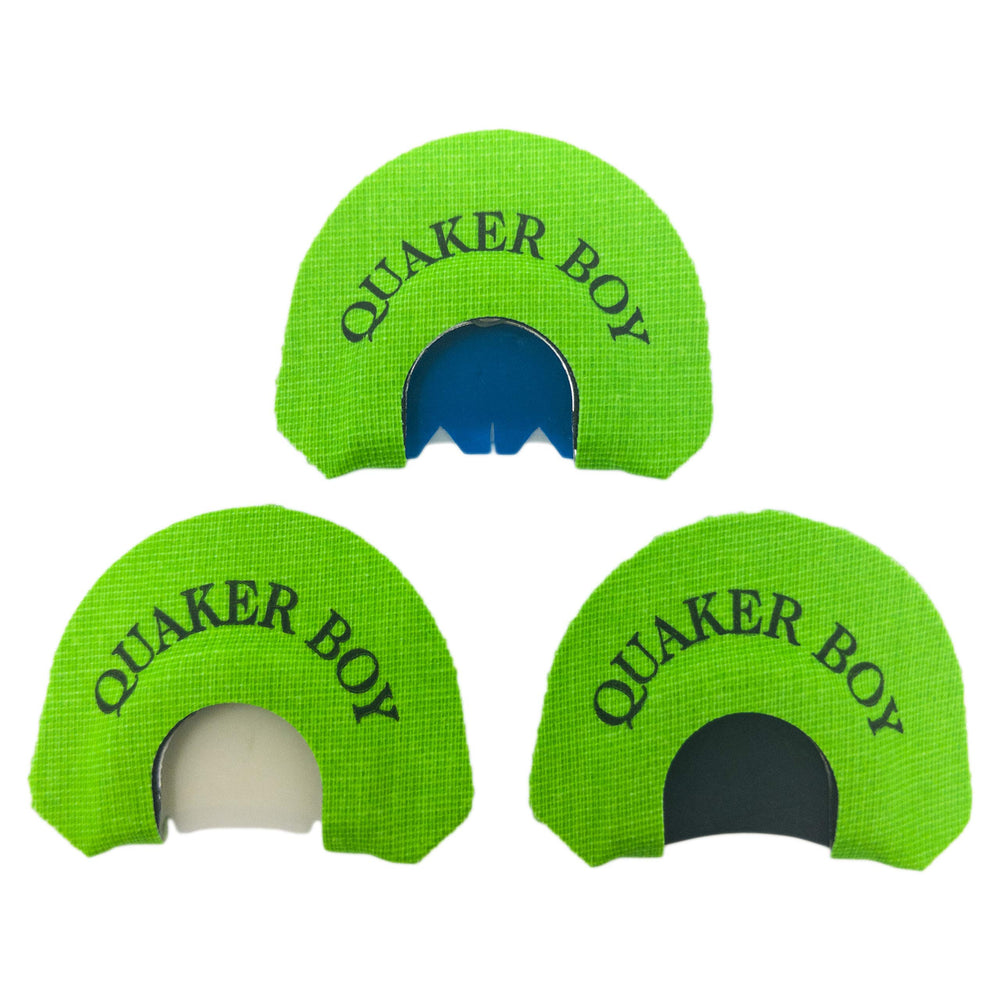 Quaker Boy SR 3 Pack Turkey Mouth Calls green front view showing versatile fit