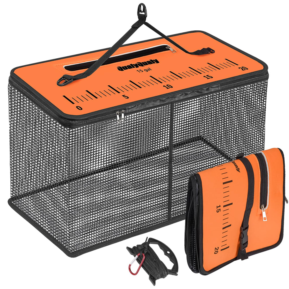 QualyQualy Extra Large Floating Fish Basket setup shows 15-gallon live-well capacity.