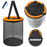 Floating fish basket mounted on a 5-gallon bucket for live bait