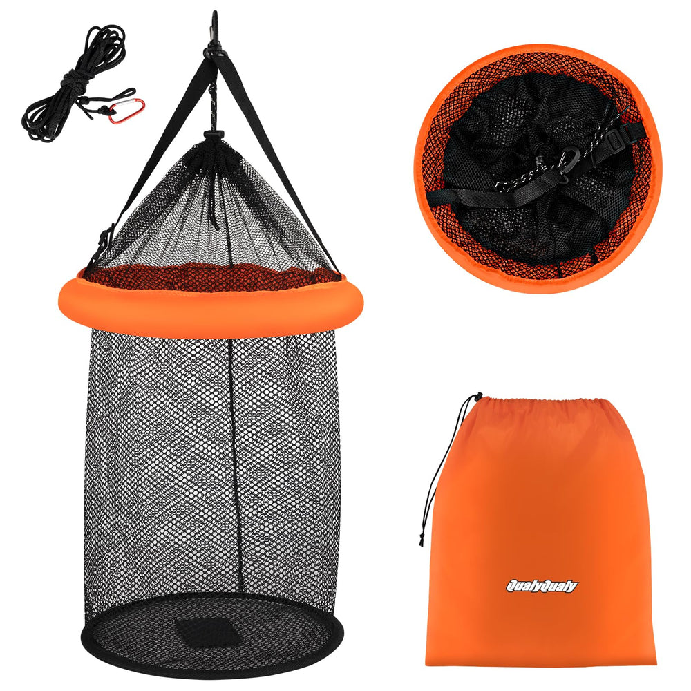 QualyQualy floating fish basket with orange float keeps bait visible and accessible.