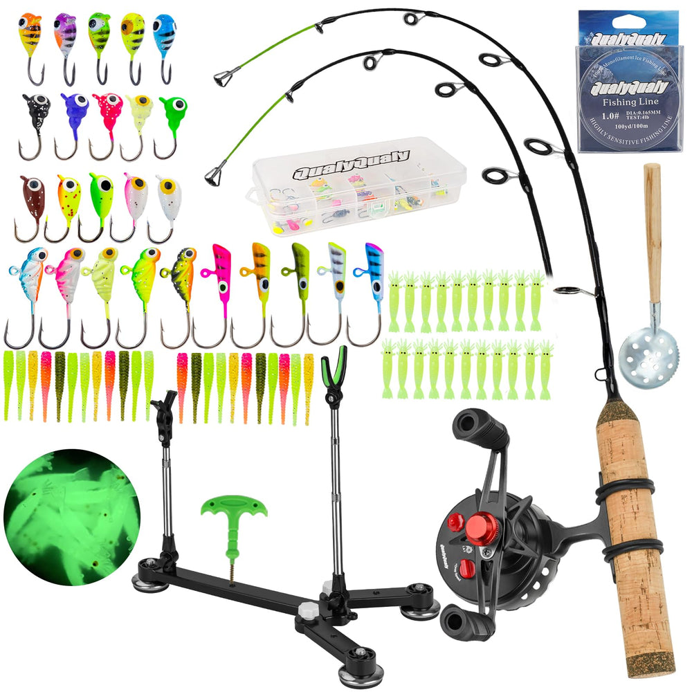 QualyQualy ice fishing rod in action for steady power in cold conditions.