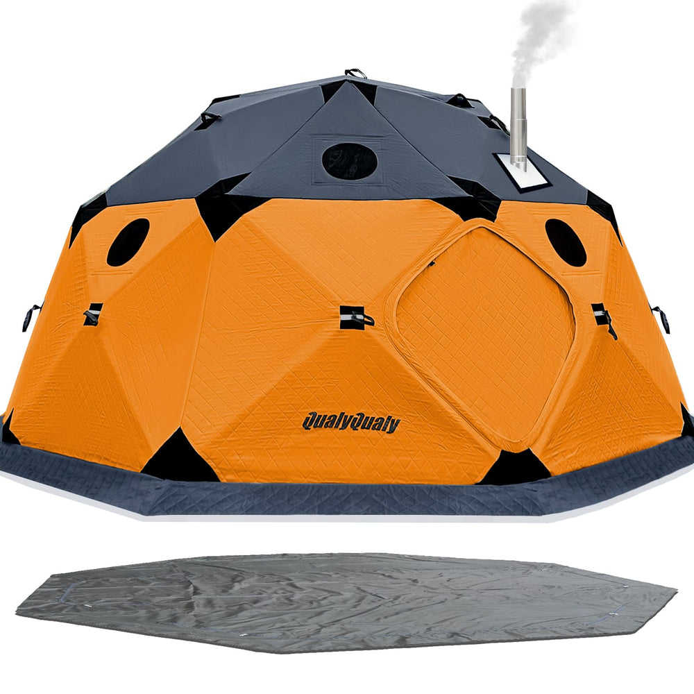 Exterior of QualyQualy ice fishing tent in orange with floor
