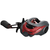Quantum Pulse 100 baitcast reel gray red aluminum skeletal spool close-up
