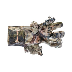 QuikCamo leafy camo gloves on hand demonstrate flexible 4-way stretch for all-day wear.