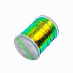 Quintathletic flat tinsel emerald green iridescent enhances color-shifting bodies for fly patterns.