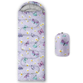 QOOMO butterfly-printed sleeping bag outer view shows weatherproof shell for three-season camping.