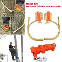 Qrenia tree climbing spikes showing adjustable foot buckle for different tree diameters.