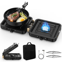 Qvamodo camp stove propane dual burners enable efficient outdoor cooking with two pans.