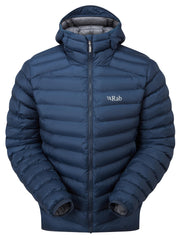Rab Cirrus Alpine Jacket Tempest Blue with hood up, keeps you warm on chilly alpine ascents.