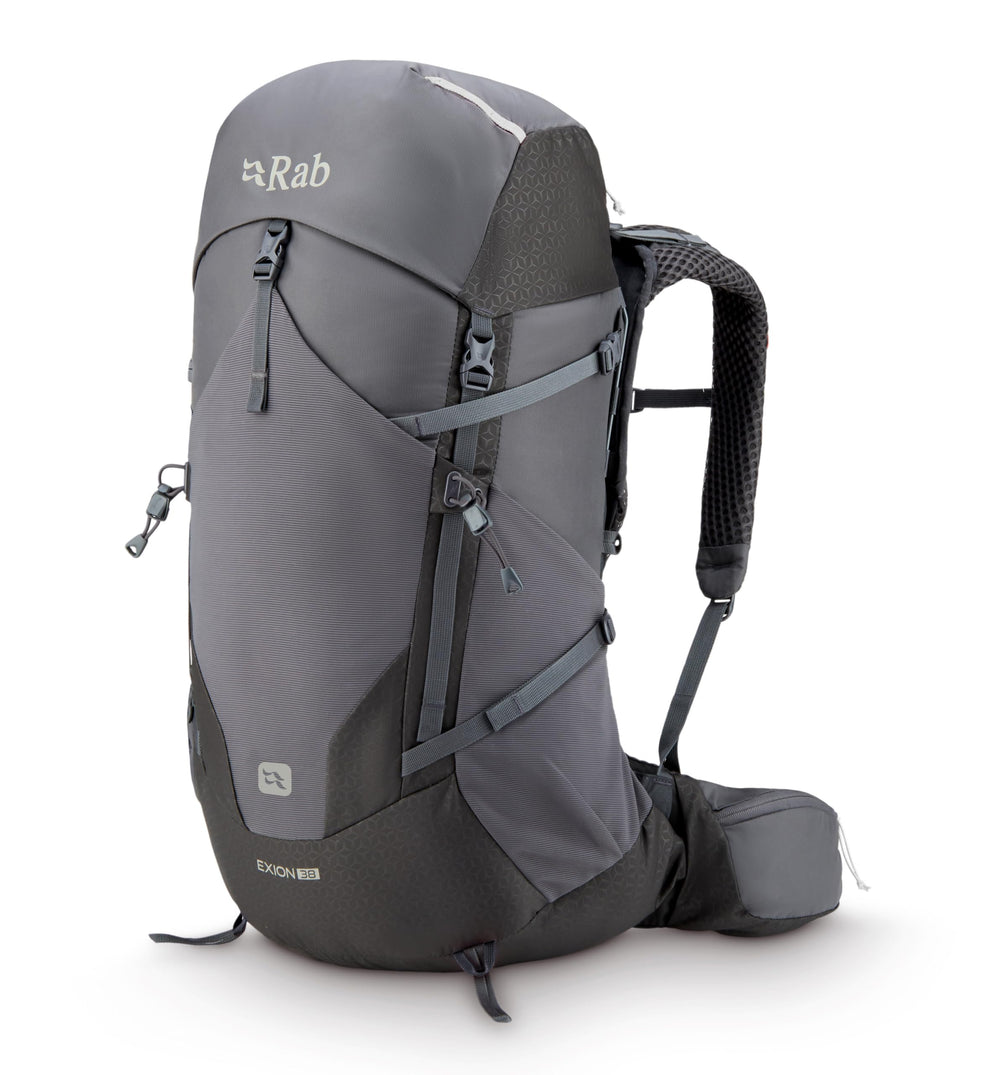 Rab Exion 38L backpack front view showing compact daily hiking pack for all-day treks