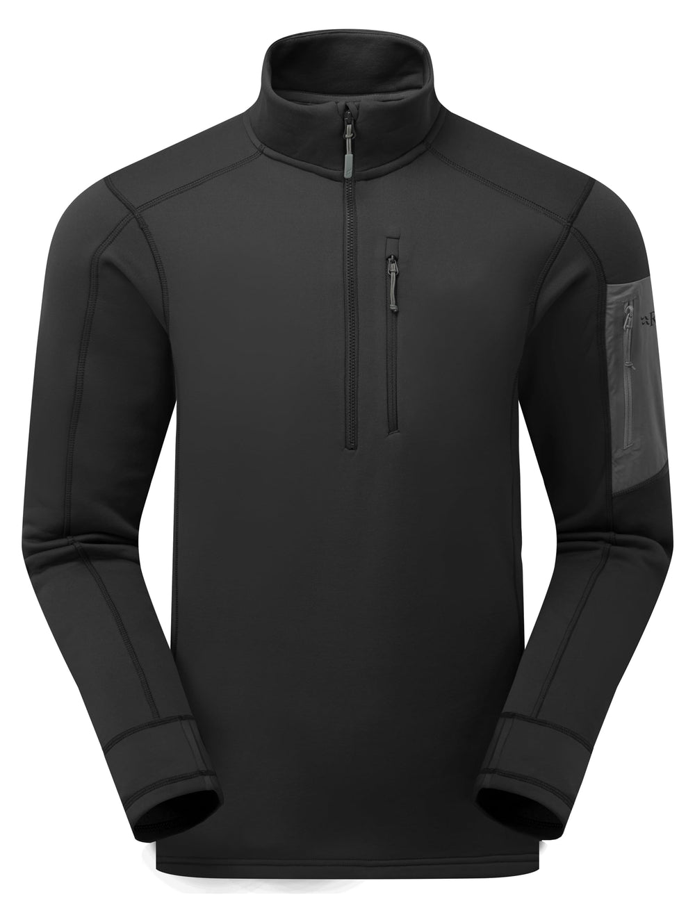 Rab Modulus Pull-On fleece jacket, front view shows slim fit and thumb loops for layering.
