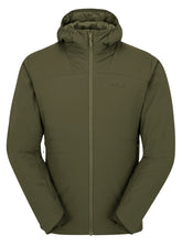 Rab Xenair Alpine Light Hooded Jacket front view highlighting versatile outdoor warmth for hiking and mountaineering