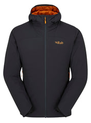 Rab Xenair Alpine Light Hooded Jacket front view highlighting lightweight warmth for alpine hikes