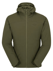 Rab Xenair Alpine Light Hooded Jacket front view highlighting versatile outdoor warmth for hiking and mountaineering