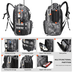 Rabjen fishing backpack main compartment offers flexible 42L storage for gear.