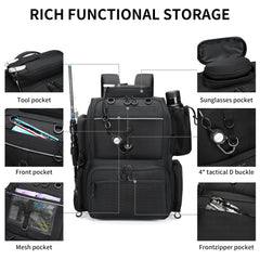 Rabjen fishing backpack with bottle holder for easy on-the-go hydration.