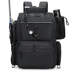 Rabjen fishing backpack shows rod holders for organized rods on boats and shores.