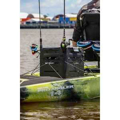 Railblaza Gear Hub stores eight tackle boxes for tidy kayak storage.
