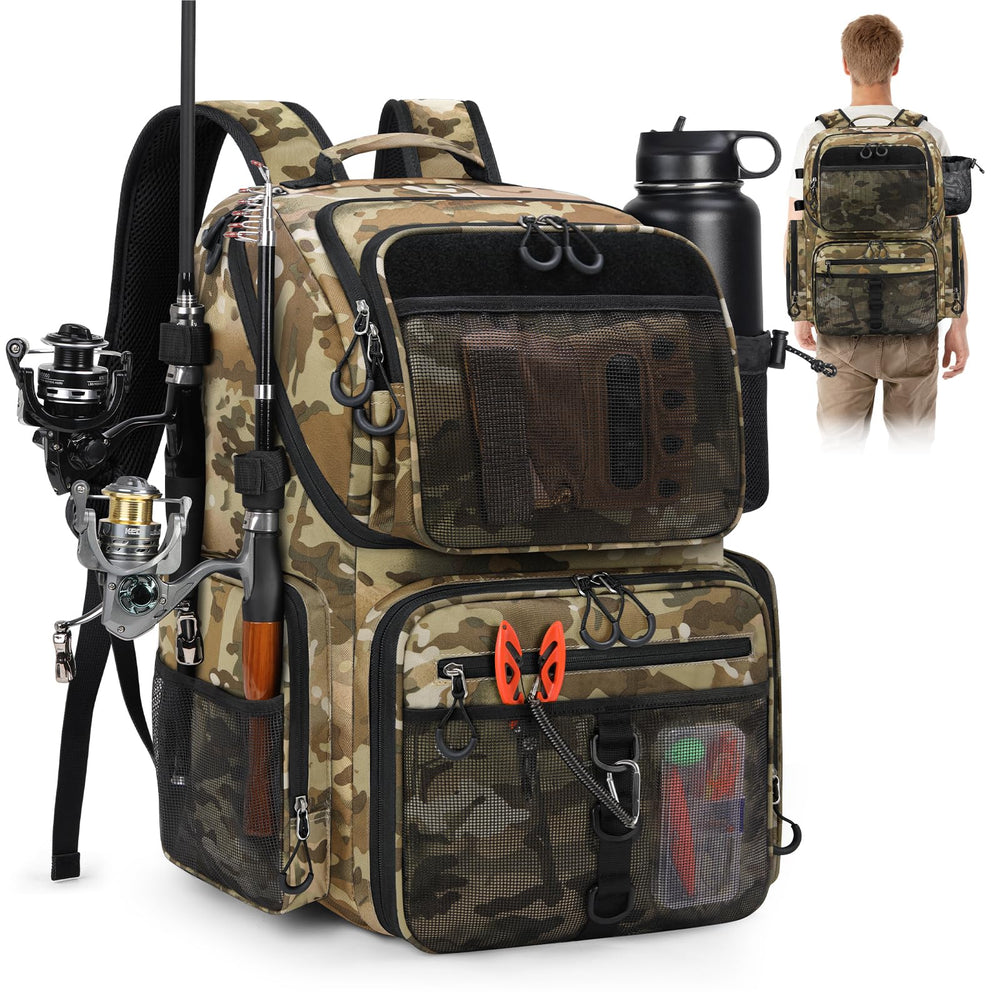 RAINSMORE 45L fishing backpack front view with integrated rod holder for easy access while fishing.