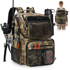 RAINSMORE 45L fishing backpack front view with integrated rod holder for easy access while fishing.