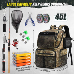 RAINSMORE 45L backpack with waterproof rain cover shown on a wet day for rain protection.