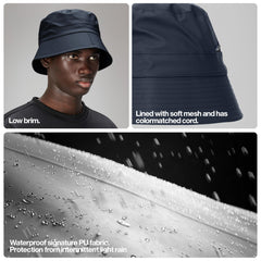 Rains packable bucket hat, compact design ideal for travel.