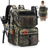 RAINSMORE 45L fishing backpack digital camouflage with waterproof protection for all-day angling sessions.
