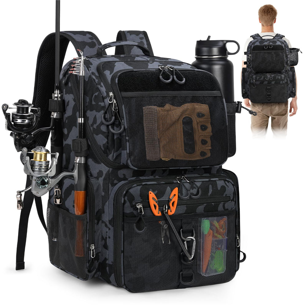 RAINSMORE 45L Fishing Backpack with rod holders and 900D fabric, black/blue camouflage