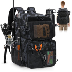 RAINSMORE 45L Fishing Backpack with rod holders and 900D fabric, black/blue camouflage