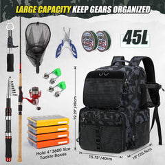 Side view of RAINSMORE 45L fishing backpack showing pockets and durable material