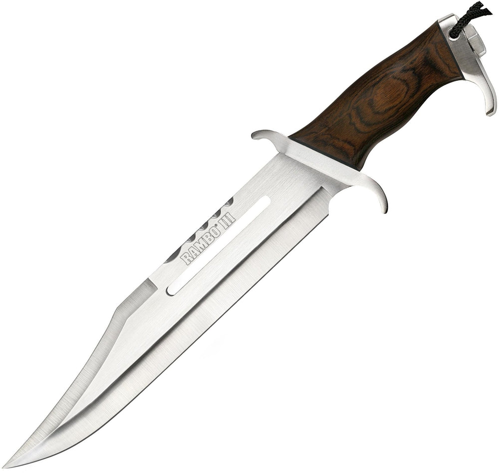 RAMBO III MC-RB3 hunting knife, 18-inch blade, anti-glare sighting slot, hardwood handle for reliable outdoor tasks.