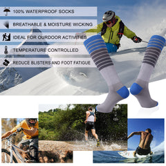 RANDY SUN waterproof knee-high socks during winter hiking action showing warmth and moisture control