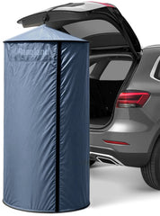 RANGLAND instant-changing tent attached to SUV trunk enables quick beach privacy