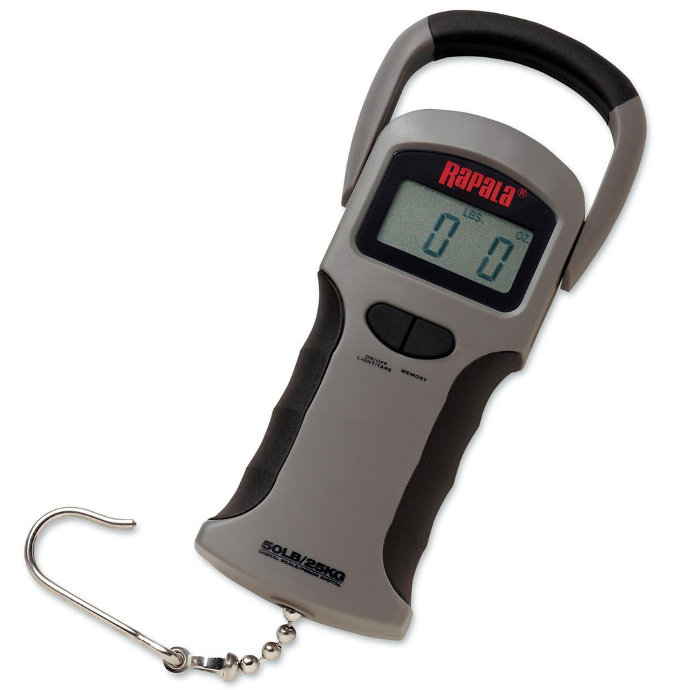 Rapala 50 lb digital scale with LCD display provides quick, accurate weight readings for fishing trips.