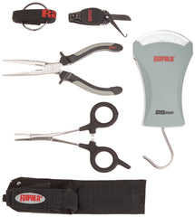 Rapala combo pliers, forceps, scale, and clipper with sheath—essential on-boat set for quick gear access.