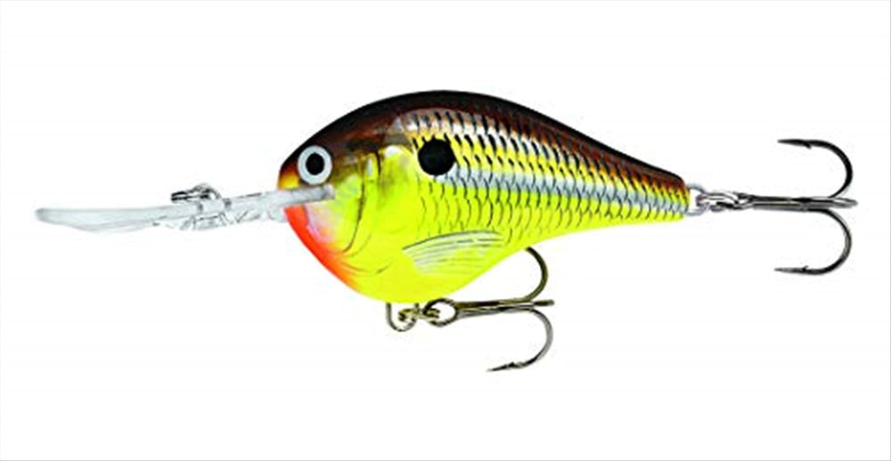 Rapala DT16HM Dives-To 16 Hot Mustard lure diving action boosts deep-water strike potential.