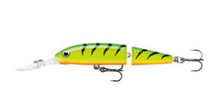 Rapala Jointed Deep Husky Jerk 08 Firetiger lure showing wounded-minnow wobble for predatory fish attraction.