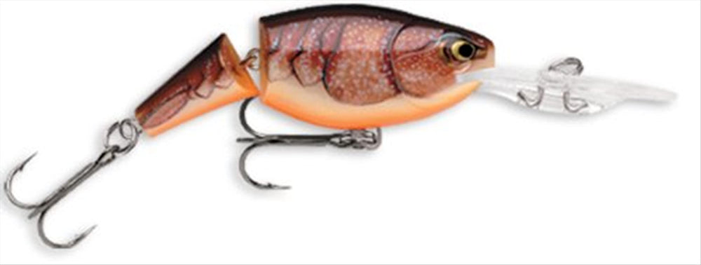 Rapala Jointed Shad Rap 05 Brown Crawdad lure in action, lifelike wobble and enhanced attraction.